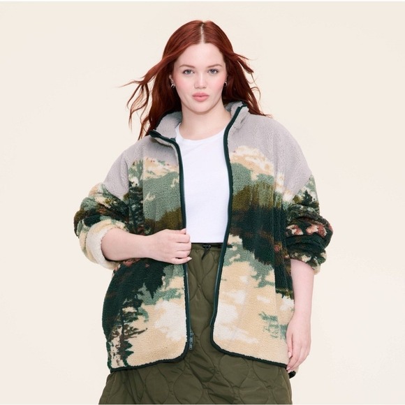 Woolrich X Target Printed Landscape Zip-Up Fleece Jacket Green Tan Adult 3XLT - Picture 4 of 5